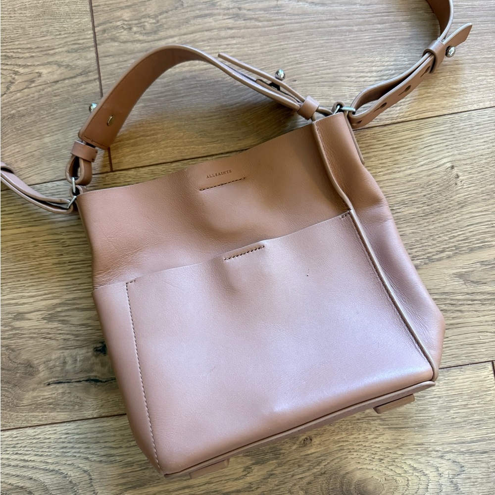 All Saints Tan captain Crossbody smooth leather bag purse - Picture 2 of 5